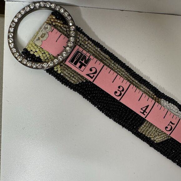 Abstract Seed Bead Silk Belt Womens Sz M Rhinestone O-Ring Buckle Evening Formal - Picture 13 of 15
